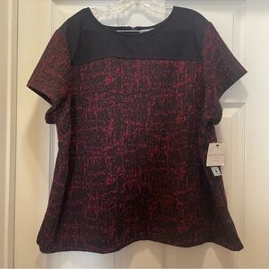 NWT Liz Claiborne Woman's Black & Burgundy Textured Tweed Blouse Plus Size 2X